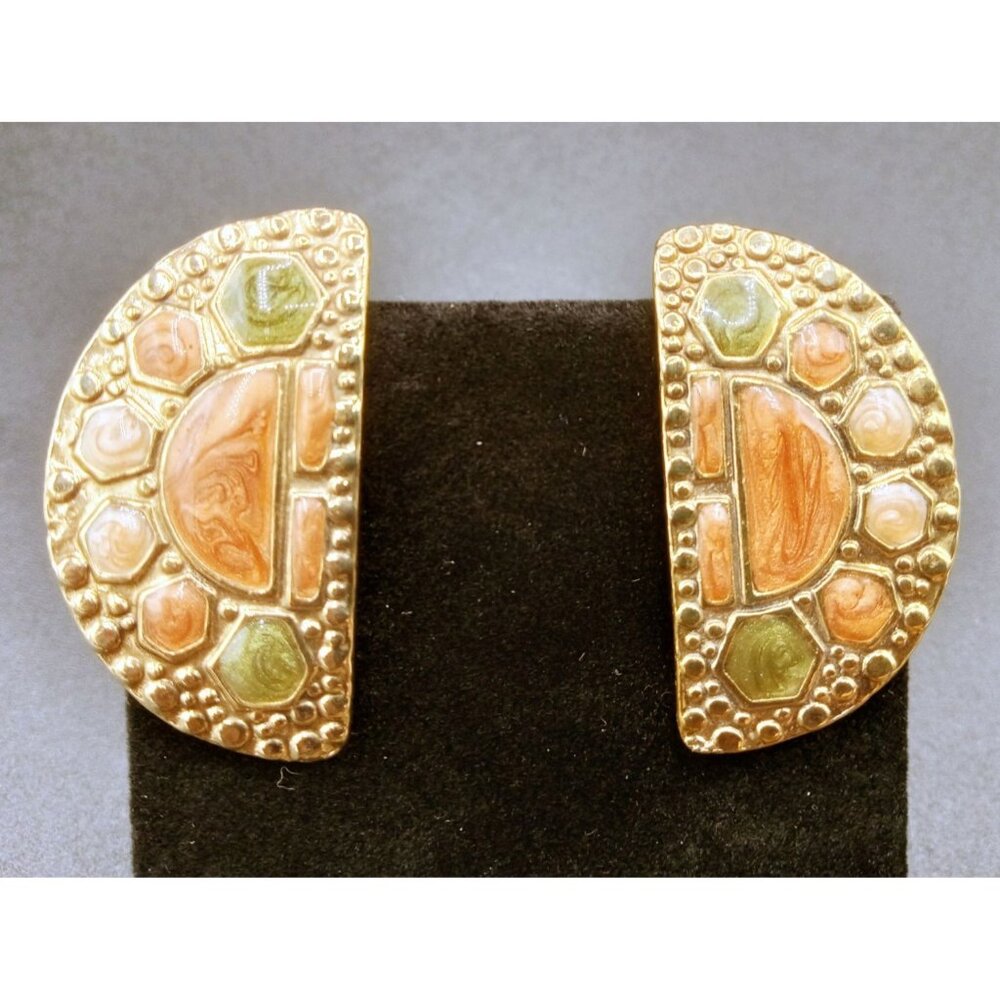 Lady Remington Earrings Pierced Mosaic Enamel Vintage No Backs 1.5 in Signed